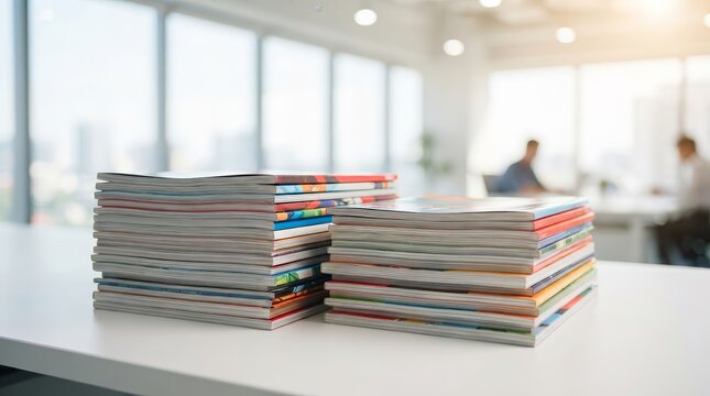A pile of multiple magazines on a desk in a bright contemporary office, close-up shot.