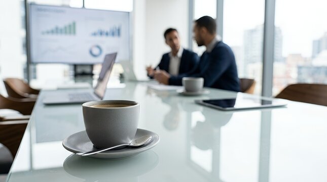Close up of coffee cup on a boardroom table with business people having a meeting in the background.