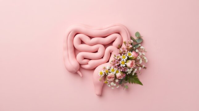 A pink intestine shape and flowers illustrating the concept of probiotic and prebiotic gut health