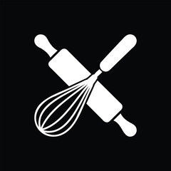 Fototapeta premium Bakery Whisk Rolling Pin Vector Icon, Pastry Chef Branding Logo, Kitchen Utensil Graphic
