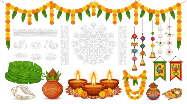 Set of traditional indian festive decorations featuring marigold flower garlands oil lamps kalash and decorative hanging elements for celebration