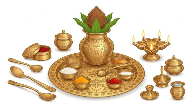 Traditional indian brass puja thali set with kalash coconut and ritual accessories isolated on a white background for worship