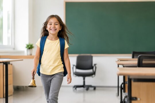 Happy little schoolgirl with backpack and bell walking in classroom ready for school.