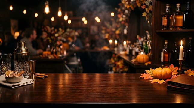 An enchanting and atmospheric depiction of a dimly lit vintage style bar complete with glowing lights bottles pumpkins and a mysterious bartender creating a captivating