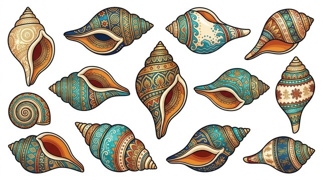 Collection of various detailed sea shells illustrated in watercolor style isolated on a plain white background for design