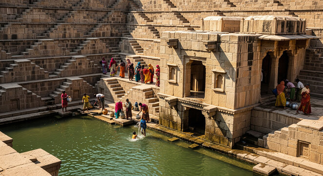 Ancient Indian stepwell with geometric stone stairs and people in colorful traditional clothing gathering water