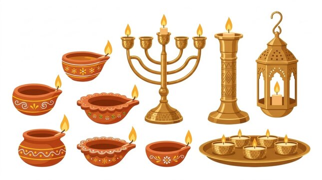 Collection of traditional oil lamps and ornate candle holders isolated on white background for religious festivals and celebrations