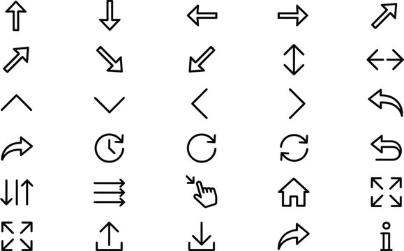 Arrow line icon set featuring navigation pointers direction indicators undo redo download upload cursor and interface vector graphic symbols.