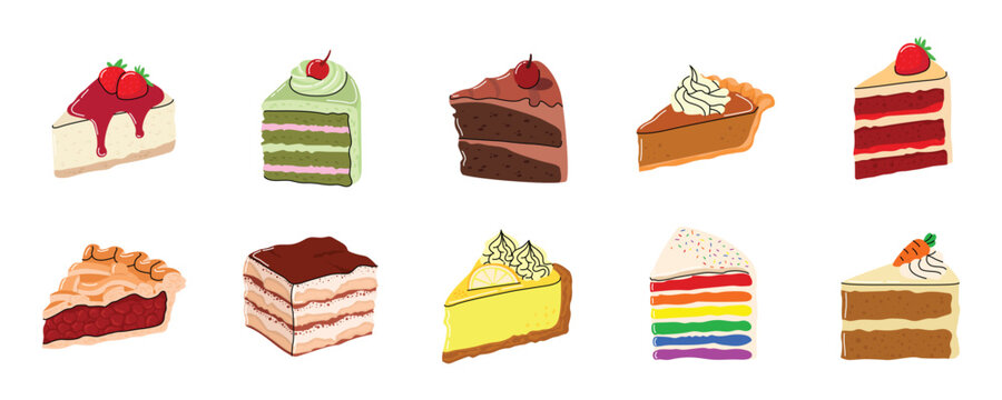 Hand Drawn Slice Cake and Dessert Vector Illustration Set. Colorful Delicious Cake Slice Clipart Collection for Bakery Menu