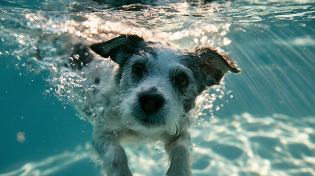 Canine hydrotherapy session in a bright pool with water reflections and active dog