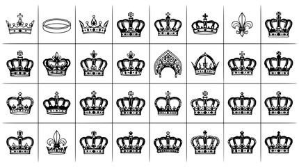 Fototapeta premium Crown designs set with ornate gold and silver vector illustrations featuring regal symbols, jewels, and filigree with vintage and modern styles and intricate details