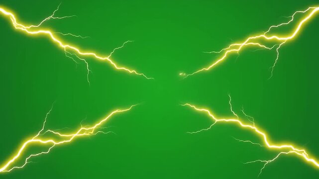 Glowing yellow electric lightning arcs crossing over green screen background