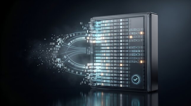 Secure data backup server rack with digital information flow and verification checkmark representing successful cloud migration and synchronization