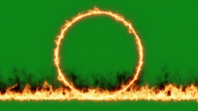Circular ring of orange fire burning above horizontal flames on green screen background
