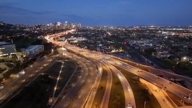 Aerial night view of Turcot Interchange in Montreal with glowing highways and city lights at dramatic blue hour. g.