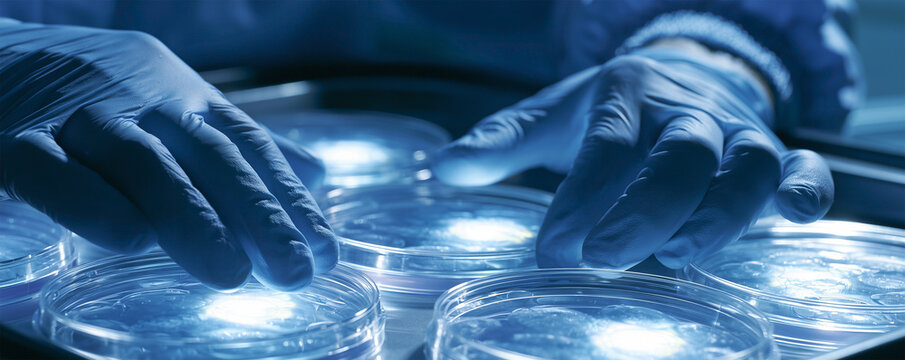 Lab technician male in 30s handling IVF petri dishes indoors under bright lights