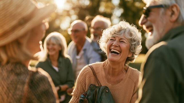 Group of seniors chatting and laughing in a sunlit park during evening hours