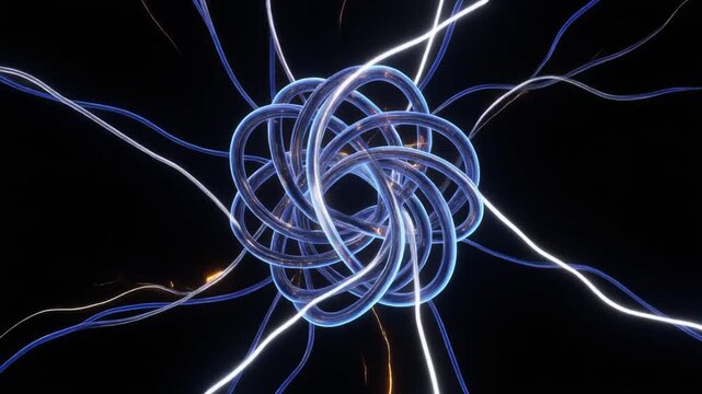 Intertwined glowing blue cables forming abstract knot with electric sparks on black background