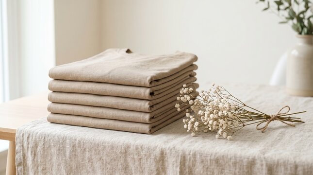 A stack of folded beige linen clothing neatly arranged on a natural fabric tablecloth beside a small dried flower bouquet in a minimalist interior setting