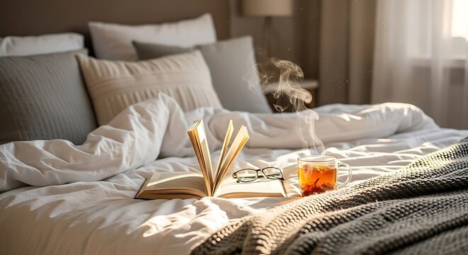Breakfast in bed tray with croissants, coffee, orange juice and flowers on cozy linen sheets 