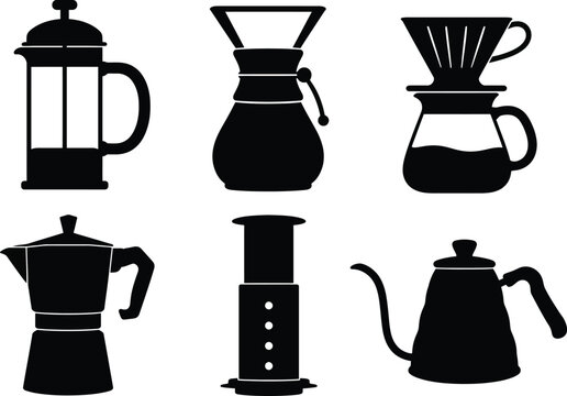 Set of black silhouette coffee maker icons on white background