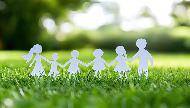 Paper cut-out family silhouettes in a grassy park