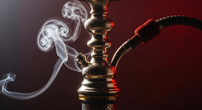 Traditional ornate hookah shisha with thick swirling smoke on a dark red background