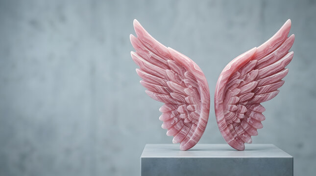 Pink Marble Stone Wings Pair with Elegant Sculptural Texture Representing Beauty, Grace and Artistic Fantasy
