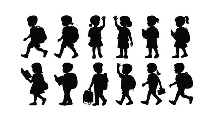 Obraz premium Collection of diverse children silhouettes walking with backpacks and books engaged in learning