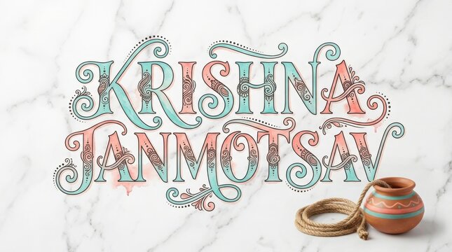 Krishna Janmotsav greeting lettering in teal and coral on marble background with clay pot and rope for Indian festival celebration.