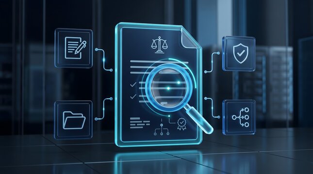 Holographic document and magnifying glass hovering in server room. Concept of legal compliance audit, and digital forensics investigation.