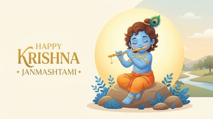 Naklejka premium Happy Krishna Janmashtami with baby Krishna playing flute sitting on rock in nature with river and mountains scenery.
