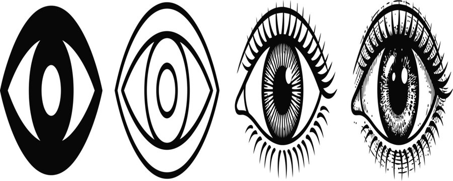 Stylized human eye icons set, minimalist black and white eyeball symbols, detailed hand drawn eye illustrations, 4 vector assets