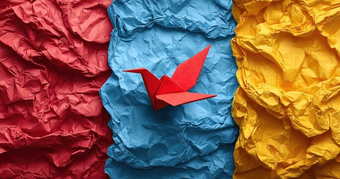 Origami crane on crumpled paper