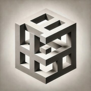 Monochrome impossible cube with interlocking geometric structure, deep shadows and optical illusion perspective