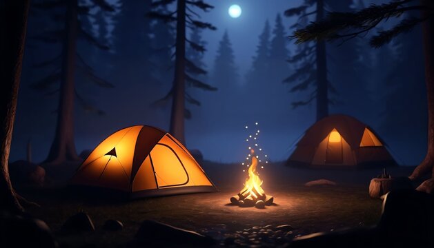 Orange tents and small campfire beneath starry night sky