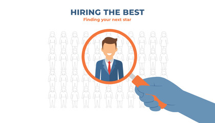 Obraz premium Hiring the best concept featuring a large magnifying glass focusing on one professional job candidate among a crowd of people.