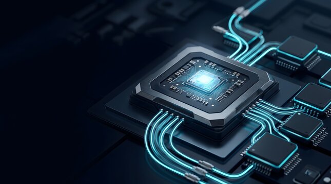 Macro computer microchip with glowing blue circuit lines and illuminated data tubes. Concept of artificial intelligence processing, quantum computing hardware, and advanced electronic engineering.