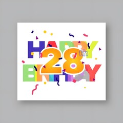 Fototapeta premium Colorful 28th Birthday Greeting Card with Confetti on Gray Background