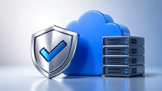 Blue cloud icon alongside silver shield with checkmark and server racks. Concept of cloud computing security, safe data storage, and server network protection.