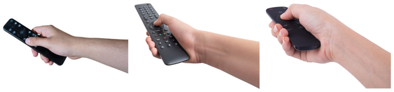 Collage of three hands holding black remote controls, isolated on white background