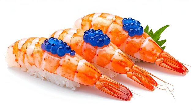 Fresh cooked shrimp ebi nigiri sushi pieces garnished with glistening blue caviar pearls on white backdrop