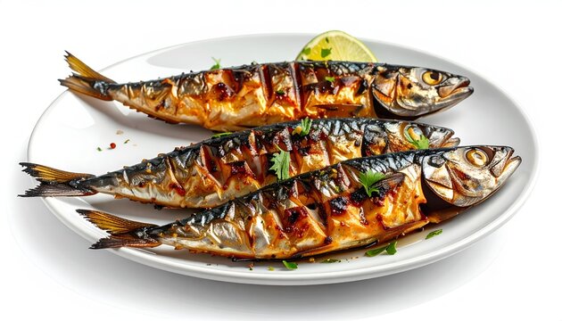 Whole grilled Pacific saury mackerel fish with crispy charred skin and lemon wedge garnish on white backdrop