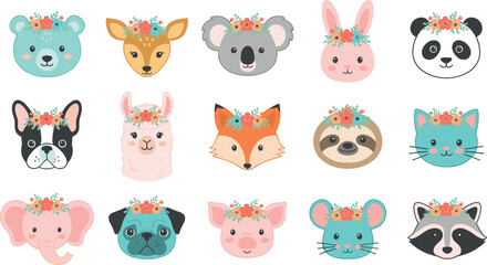Naklejka premium Cute Animal Avatar Collection with Floral Crowns for Nursery Decor, Baby Showers, Kids Birthday Invitations, Greeting Cards, and Children Graphic Designs