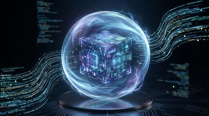 Fototapeta premium Glowing digital cube inside a protective energy sphere with data streams
