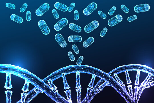DNA Double Helix Pills Pharmacogenomic Drug Therapy Precision Medicine Glowing Blue Polygonal Vector