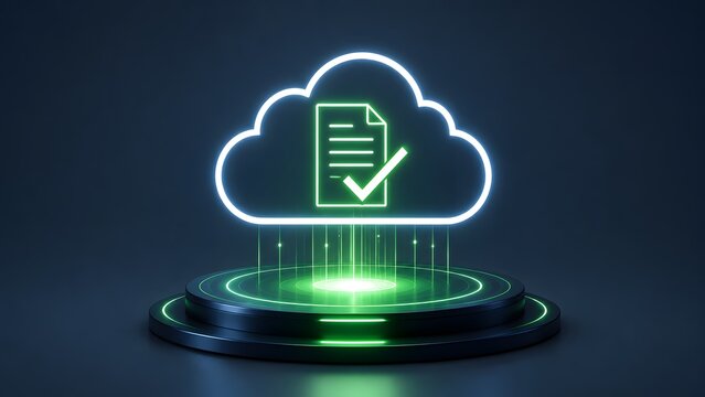 Glowing neon cloud with document checkmark icon floating above green pedestal. Concept of cloud computing verification, digital data compliance, and secure server backup.