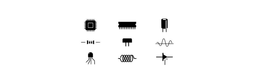 Electronic components set with integrated circuit, resistor, capacitor featuring diode, inductor, transistor with schematic symbol, wave and coil