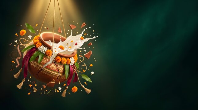 Dahi handi celebration background with splashing milk with decorated marigold flowers