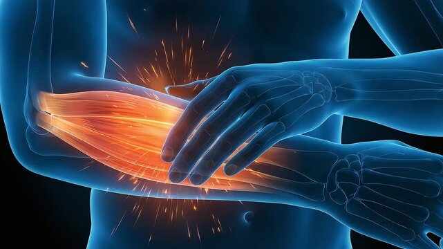A CG illustration of the human body showing muscle pain and luminescence from the elbow to the forearm.